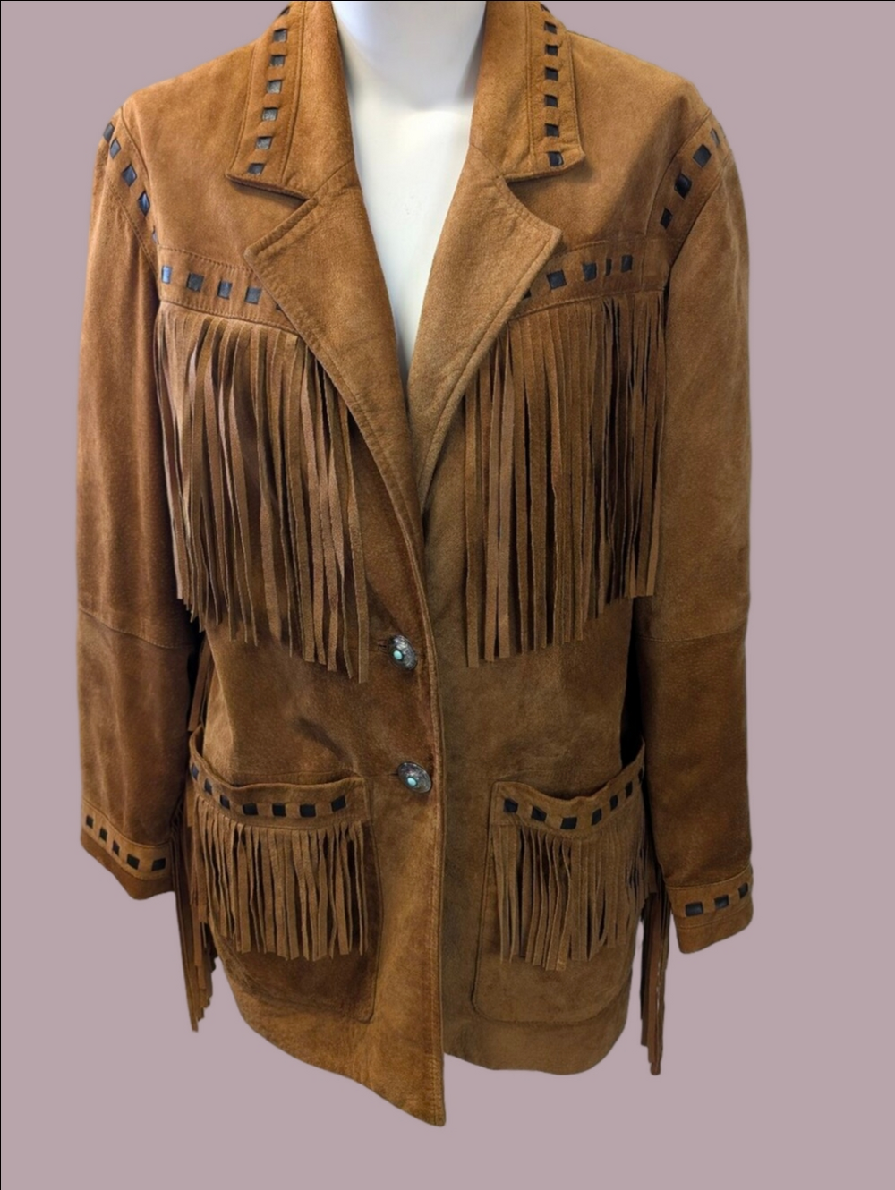 Vintage Western Suede Fringe Jacket in Cognac Brown From The 90s -Coat XS